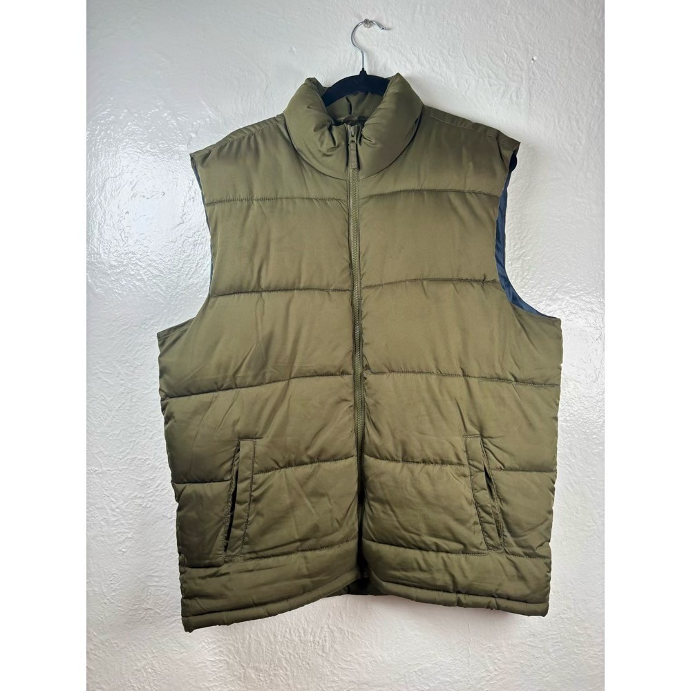 Puffer Vest Olive Green Large Quilted Full Zip Pockets Mens Earthy Layering
